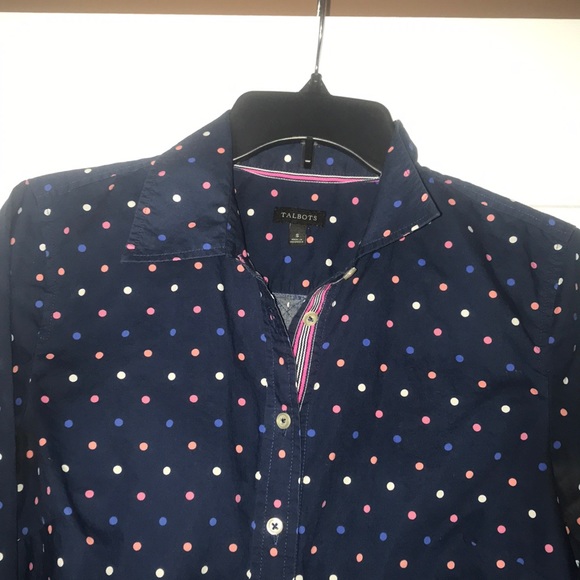 Talbots Navy & Multi Color Polka Dots Button Down - Picture 3 of 4